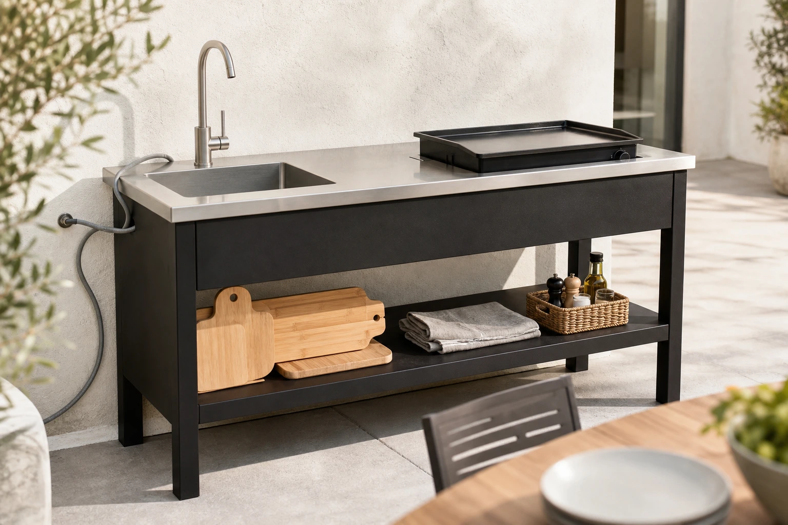 Combo modulable de cuisine outdoor avec plancha électrique encastrée, plan inox et évier branché sur tuyau d'arrosage