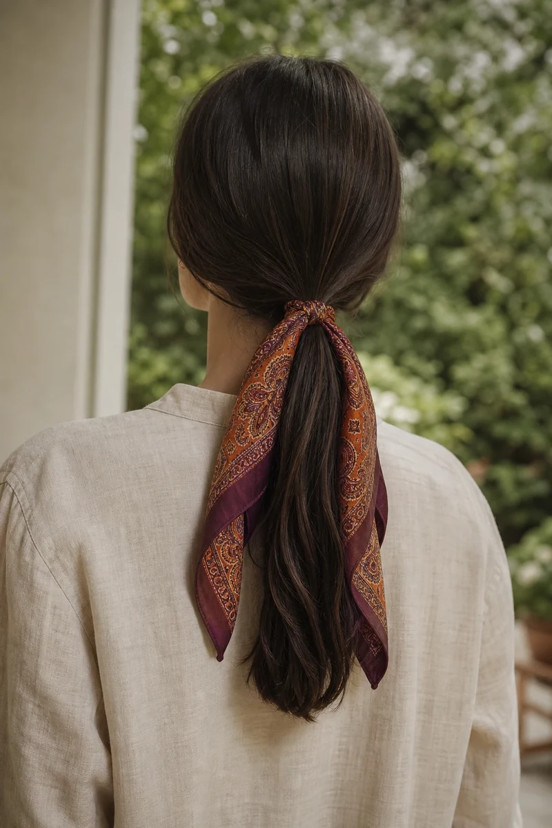 Queue-de-cheval basse brune ornée d'un foulard de soie paisley orange noué autour de l'élastique