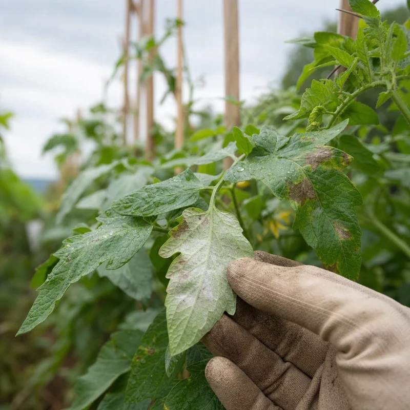 Premiers signes de mildiou sur feuilles de tomate après une pluie en juin