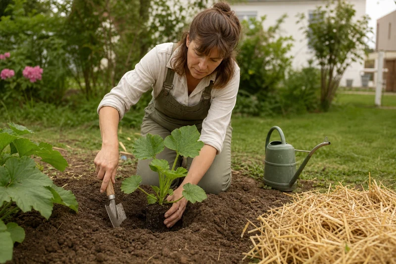 Repiquage de jeunes plants de courgettes en juin