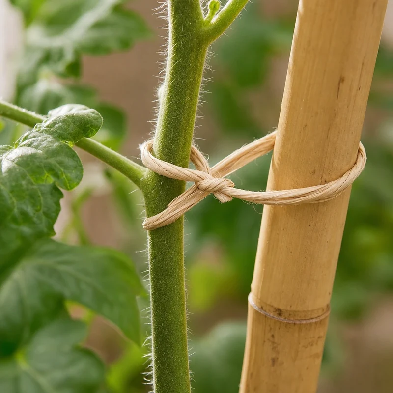 Nœud en huit en raphia attachant une tige de tomate à un tuteur en bambou