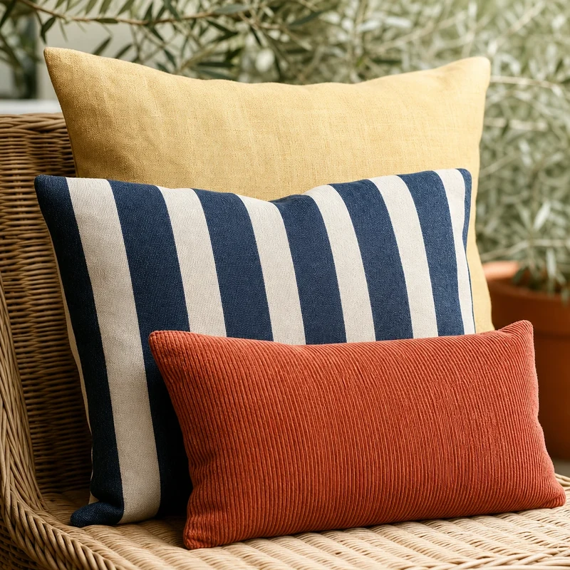 Trois coussins jaune beurre, rayures balnéaires bleu marine et terracotta empilés sur une assise en rotin