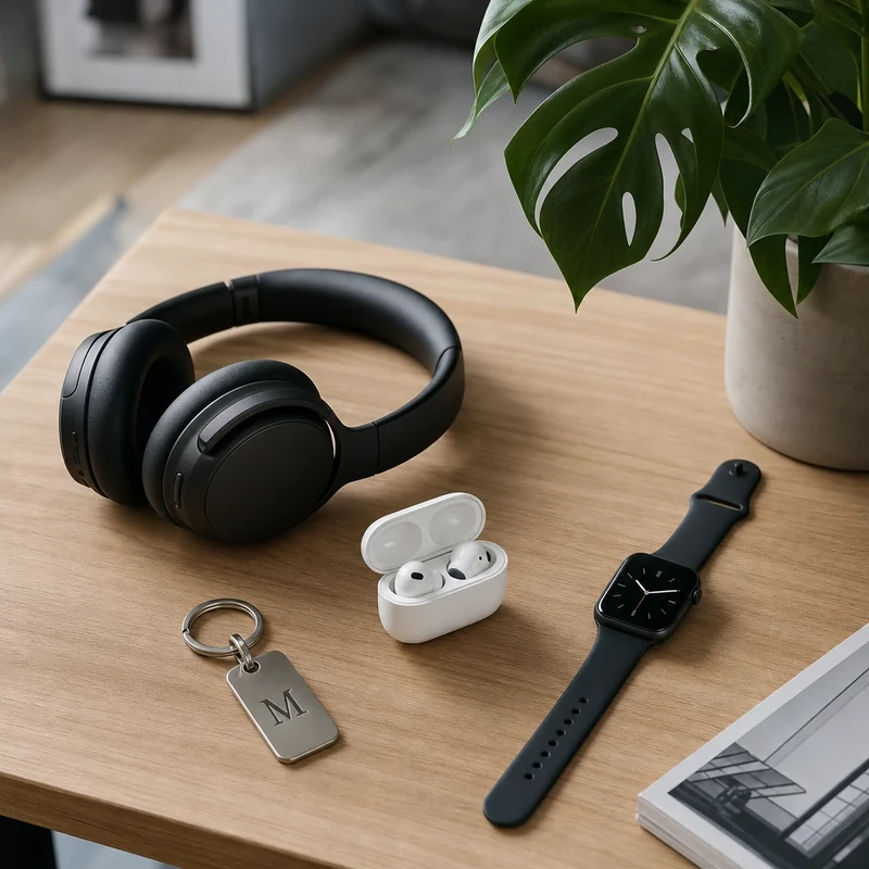 Cadeaux high-tech pour papa geek casque écouteurs montre connectée sur bureau