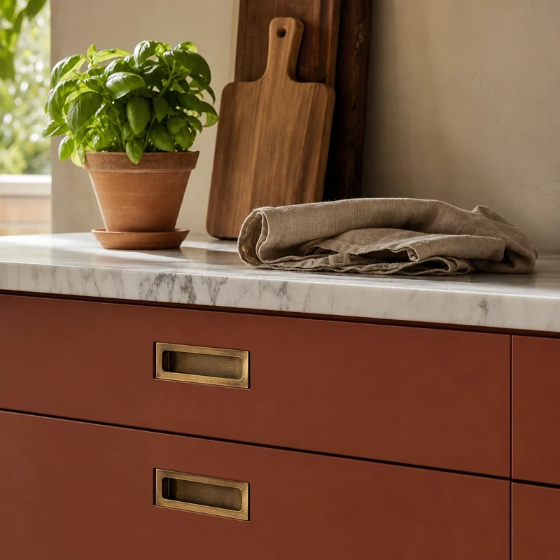 Façades de cuisine peintes en terracotta mat avec poignées laiton et plante basilic en pot