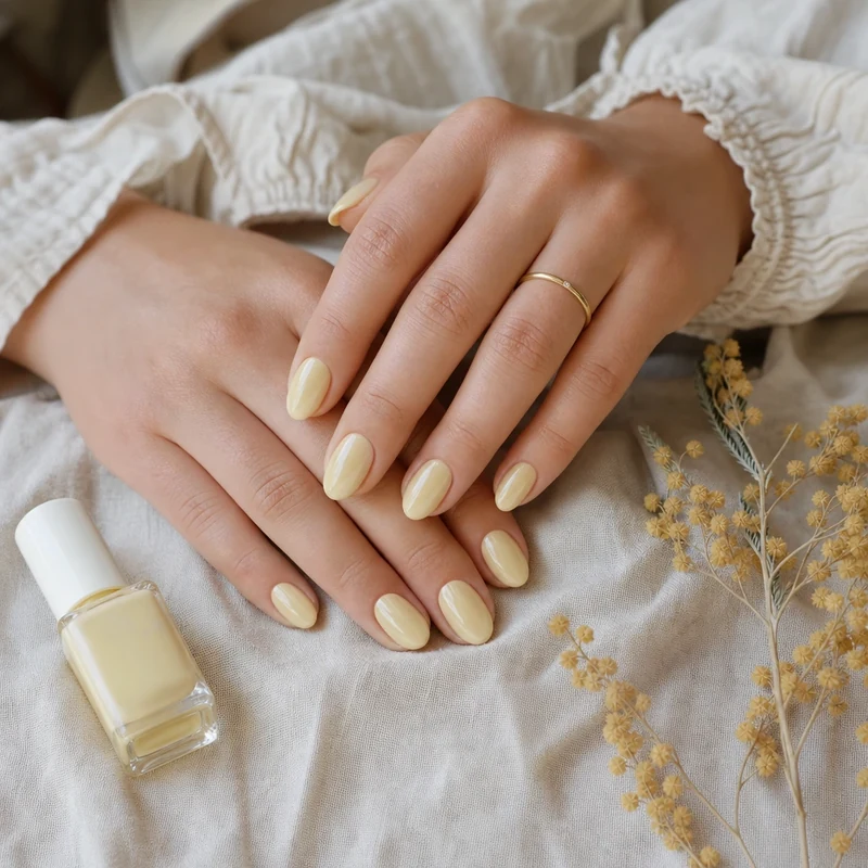 Manucure jaune beurre finition glazed avec mimosa séché