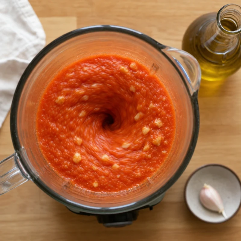 Blender en train de mixer un gaspacho rouge avec mie de pain et ajout d'huile d'olive
