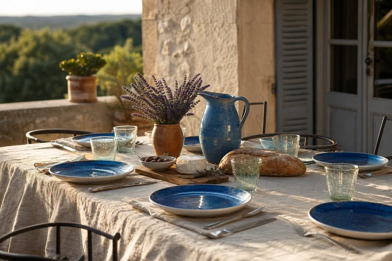 Table d'été avec vaisselle bleu Méditerranée et nappe en lin écru