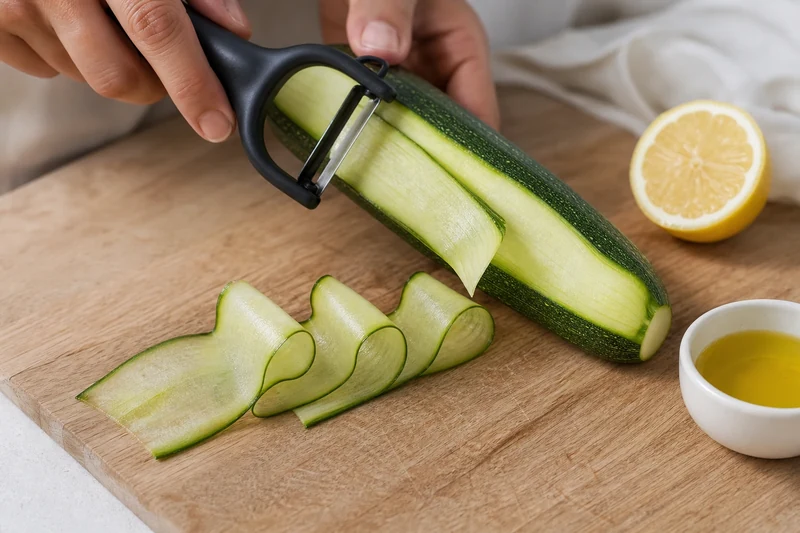 Courgette taillée en rubans fins à l'économe sur une planche en bois