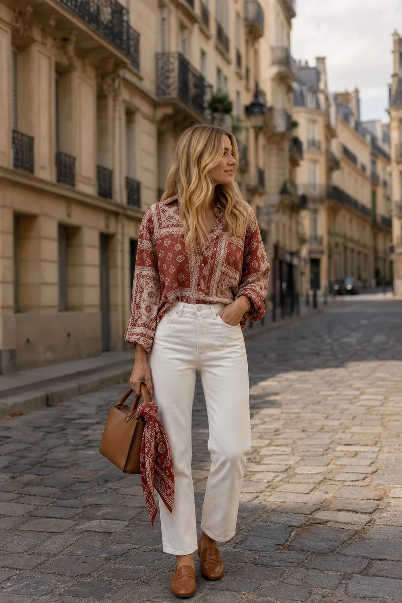 Femme en chemise paisley rouge brique et jean blanc droit dans une rue parisienne.