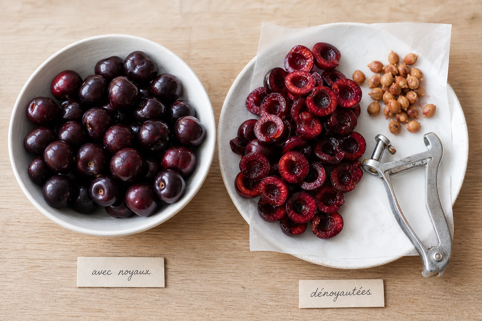 Comparaison de cerises avec et sans noyaux pour clafoutis