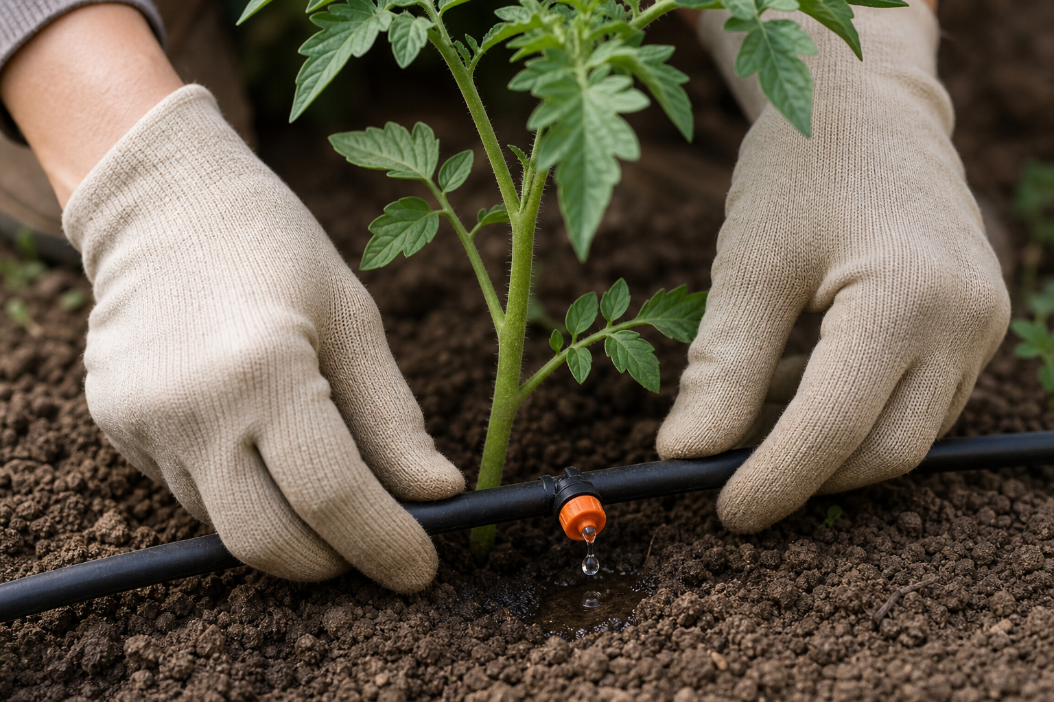 Installation d'un tuyau goutte-à-goutte au pied d'un plant de tomate