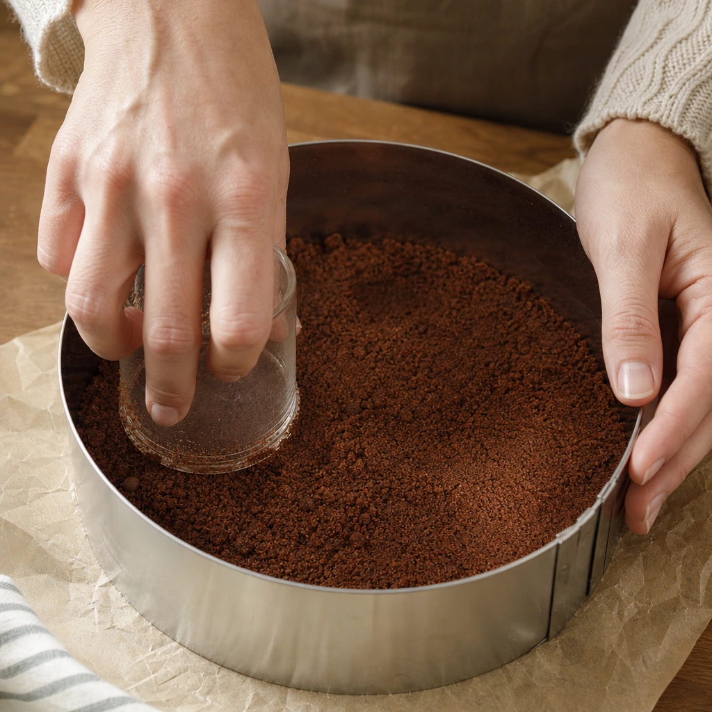 Tassage de la base biscuitée spéculoos beurre dans un cercle à pâtisserie de 22 cm