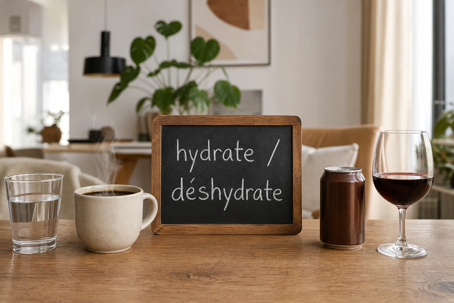 Comparaison visuelle entre boissons qui hydratent (eau, café) et boissons qui déshydratent (soda, alcool)