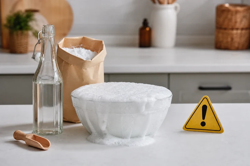 Mélange effervescent de vinaigre blanc et bicarbonate de soude dans un bol, à éviter