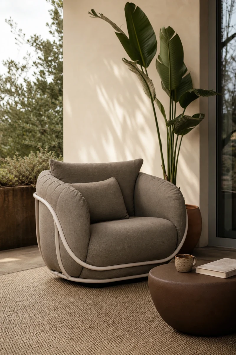 Fauteuil outdoor forme galet couleur argile avec table basse ovoïde et plante graphique
