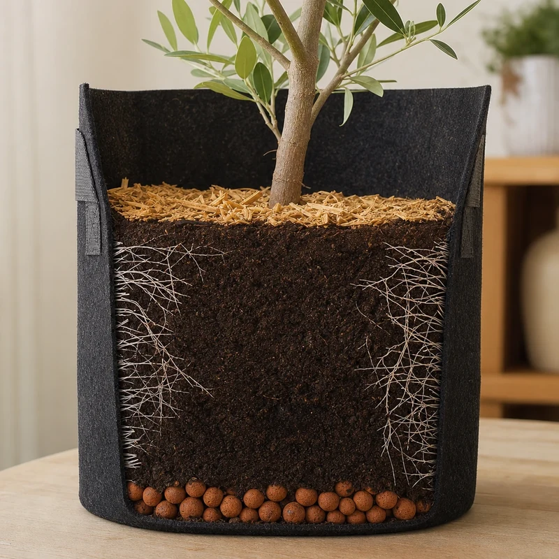 Coupe d'un grow bag noir montrant les racines ramifiées par air-pruning au contact de la paroi en tissu