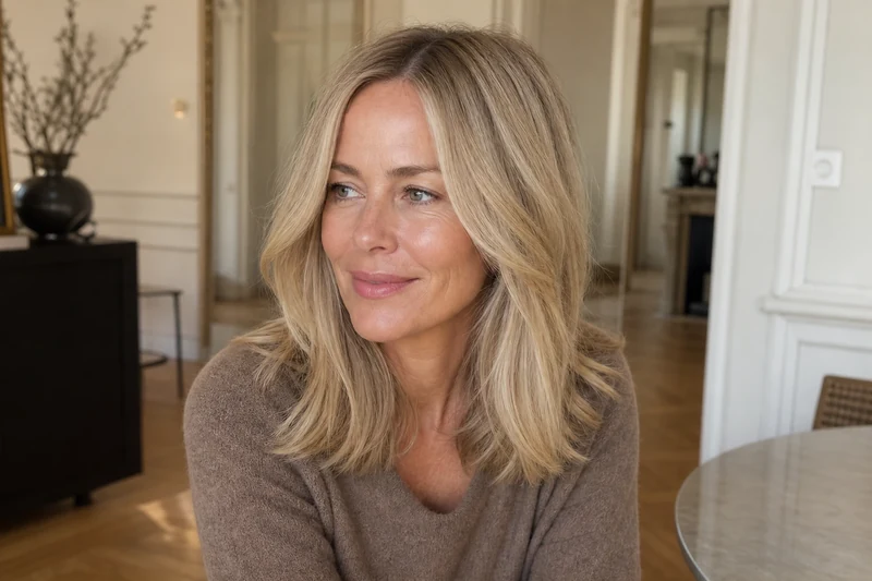 Femme blonde portant un butter blonde aux reflets beurre champagne et miel fondus