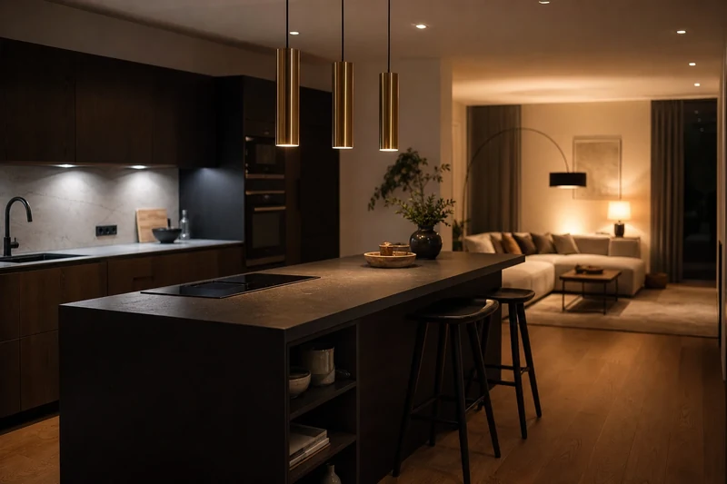 Éclairage différencié entre cuisine froide et salon chaud créant deux ambiances dans une pièce ouverte