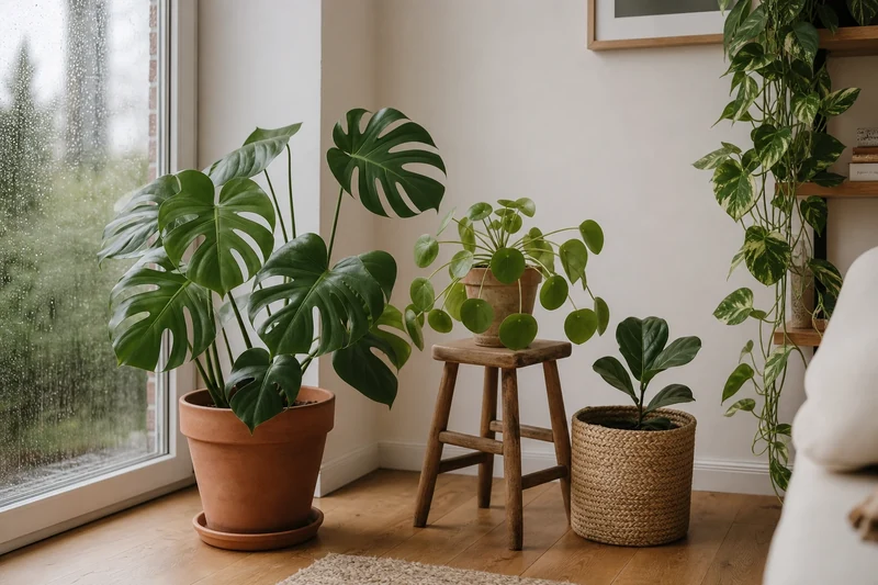 Regroupement de plantes vertes d'intérieur près d'une fenêtre un jour de pluie