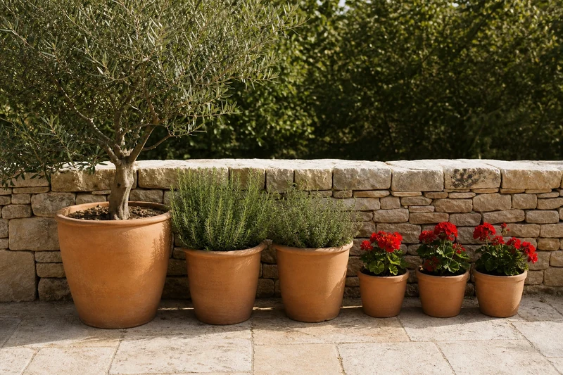 Jardinières en terre cuite plantées d'aromatiques sur terrasse méditerranéenne