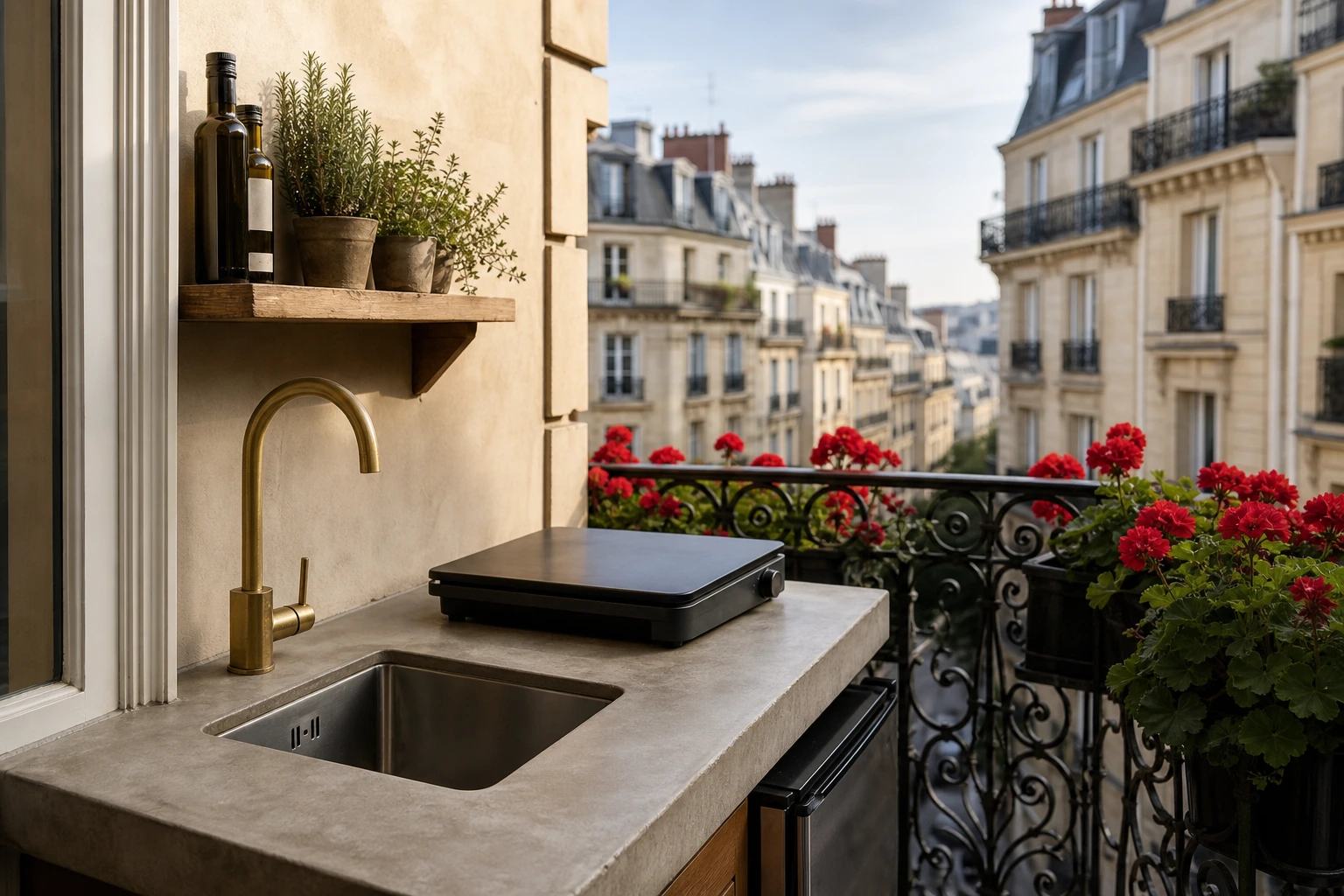 Cuisine outdoor compacte sur balcon parisien avec plan de travail en béton ciré gris taupe et plancha électrique