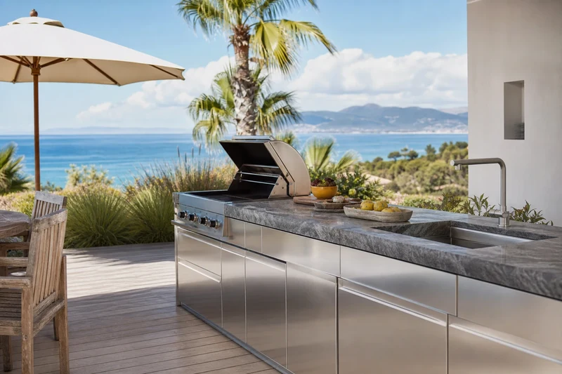 Cuisine outdoor en inox et granit installée sur une terrasse face à la mer méditerranée
