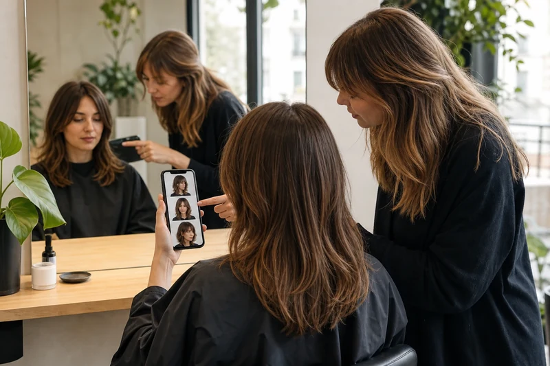 Cliente présentant des photos de référence à sa coiffeuse pour une Soft Wolf Cut