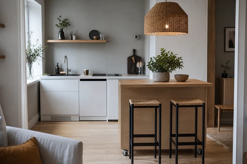 Cuisine de studio hybride avec base linéaire fixe blanche et îlot mobile à roulettes en bois clair