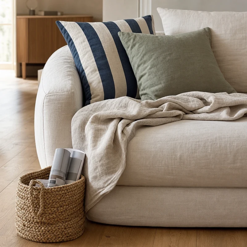 Détail canapé en lin écru avec plaid, coussins rayés cabana et panier en jute tressé