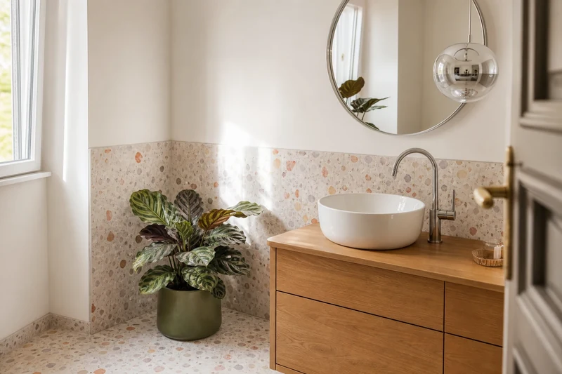 Salle de bains 2026 en terrazzo céramique, chrome poli et chêne miel
