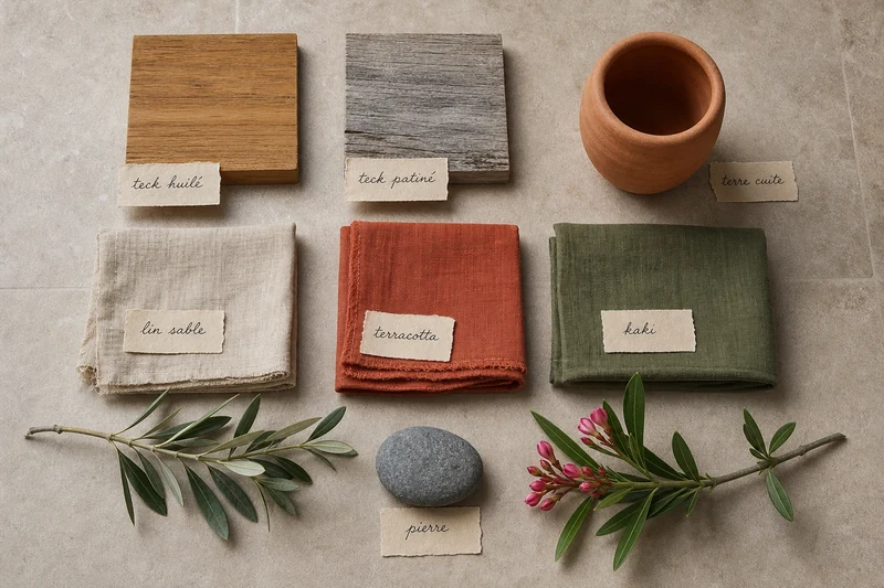 Palette matières et couleurs terrasse 2026 : teck huilé et patiné, lin sable terracotta kaki, terre cuite, pierre