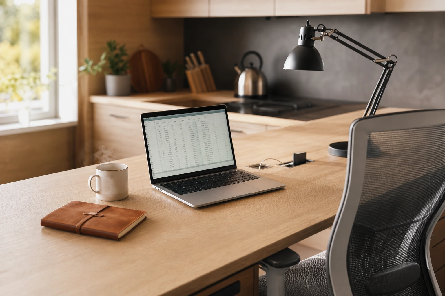 Îlot-bureau hybride aménagé pour le télétravail dans une cuisine ouverte