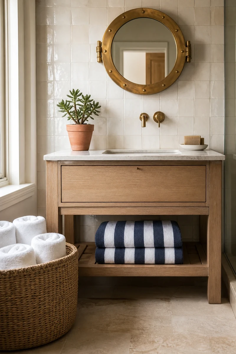 Salle de bain Preppy Riviera avec miroir hublot en laiton, serviettes rayées et panier en jonc de mer