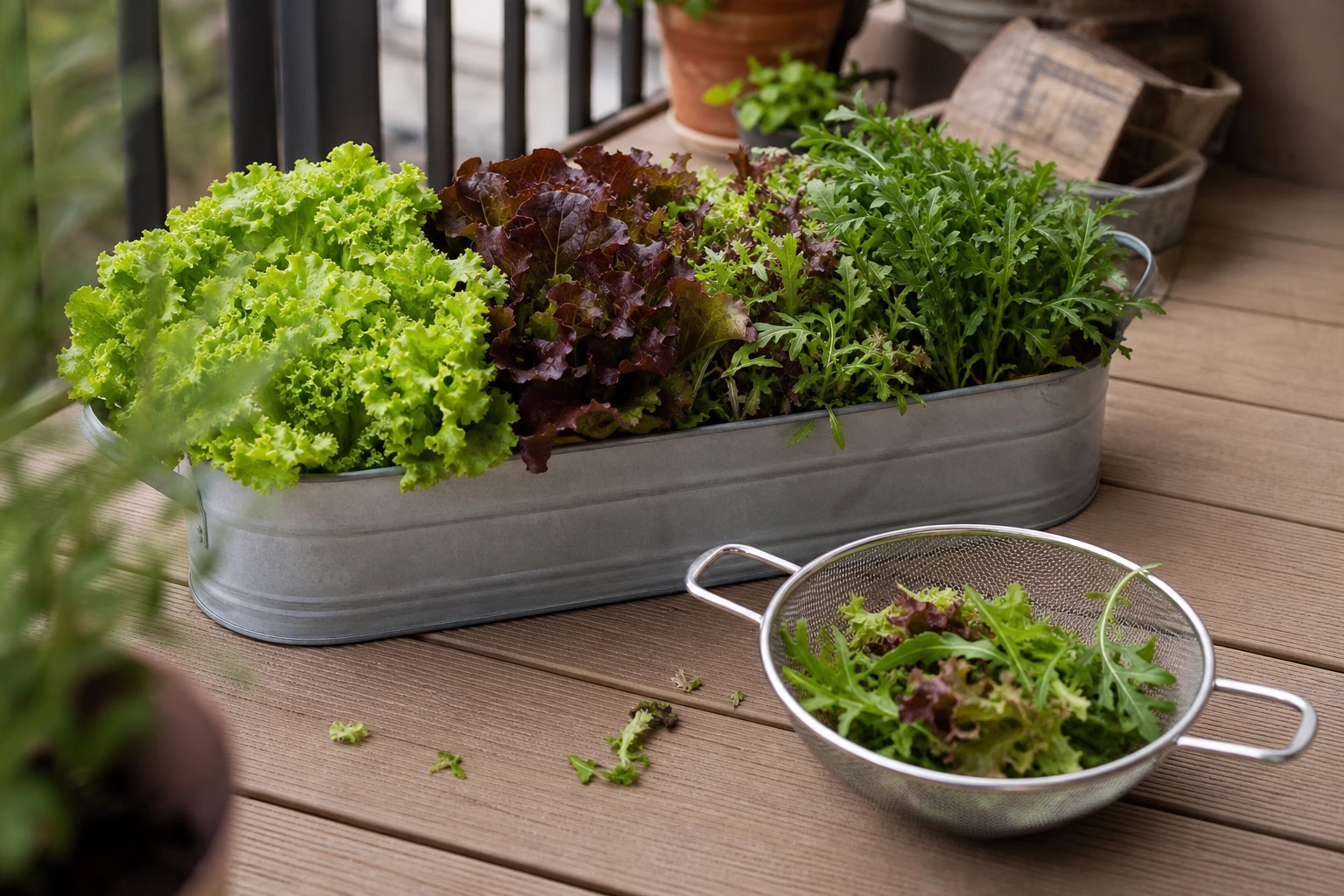 Jardinière de salades à couper et roquette sur balcon en bois composite