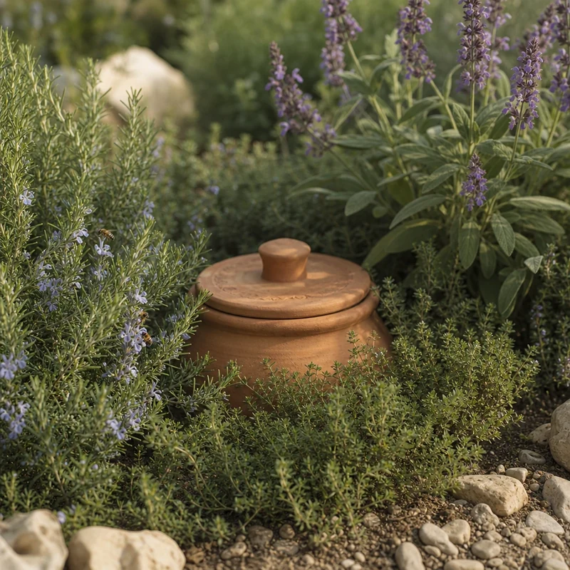 Oya en terre cuite enterrée dans un massif d'aromatiques avec thym, romarin et sauge