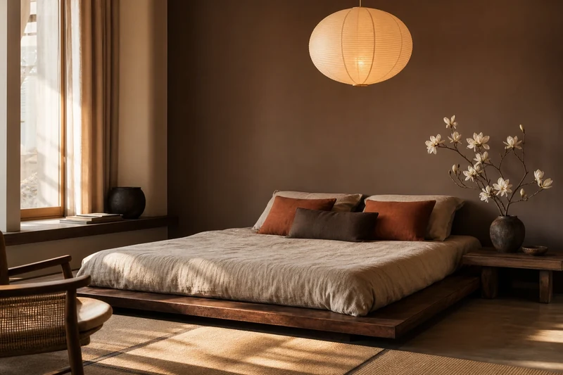 Chambre japandi 2026 avec lit bas en noyer, parure lin sable et mur brun tabac