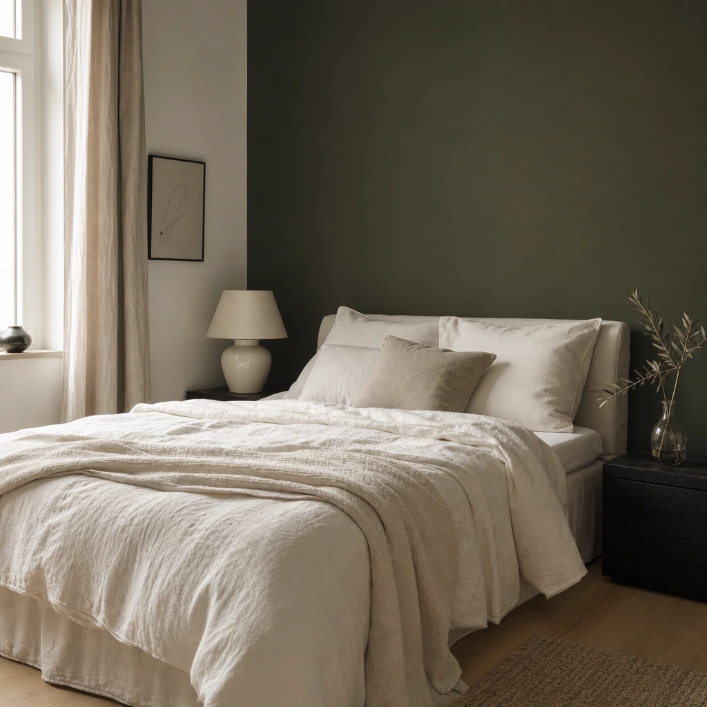 Chambre 2026 avec mur de tête de lit vert forêt en alternative au vert sauge
