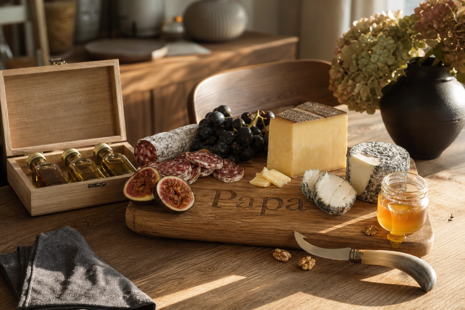 Planche apéro gravée et coffret gourmet pour la fête des pères avec saucisson, fromages, figues et miel