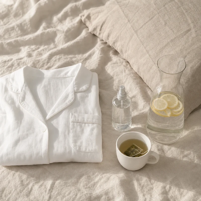 Indispensables pour bien dormir en été : pyjama coton, taie de lin, brumisateur et eau à température ambiante