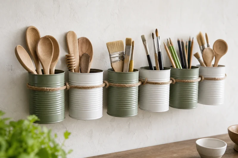 Range-ustensiles mural fabriqué avec six boîtes de conserve récupérées peintes en blanc et vert