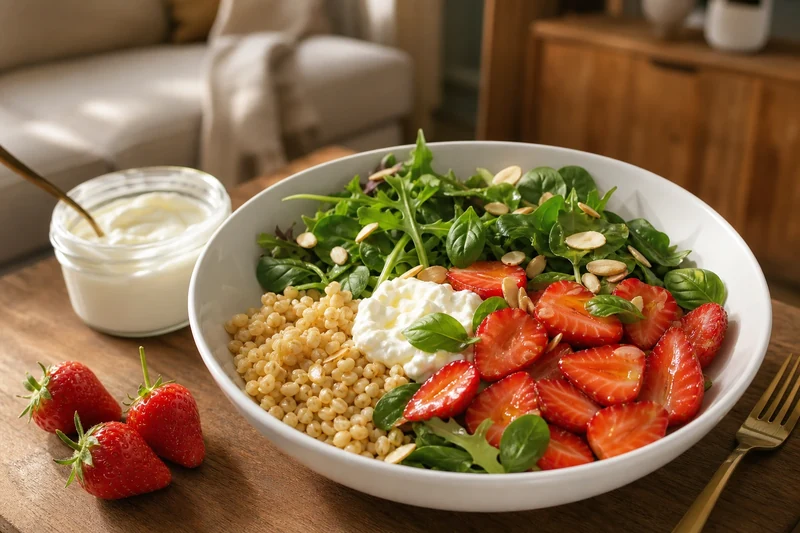 Buddha bowl aux fraises gariguette, fromage frais, mesclun, boulgour et amandes effilées
