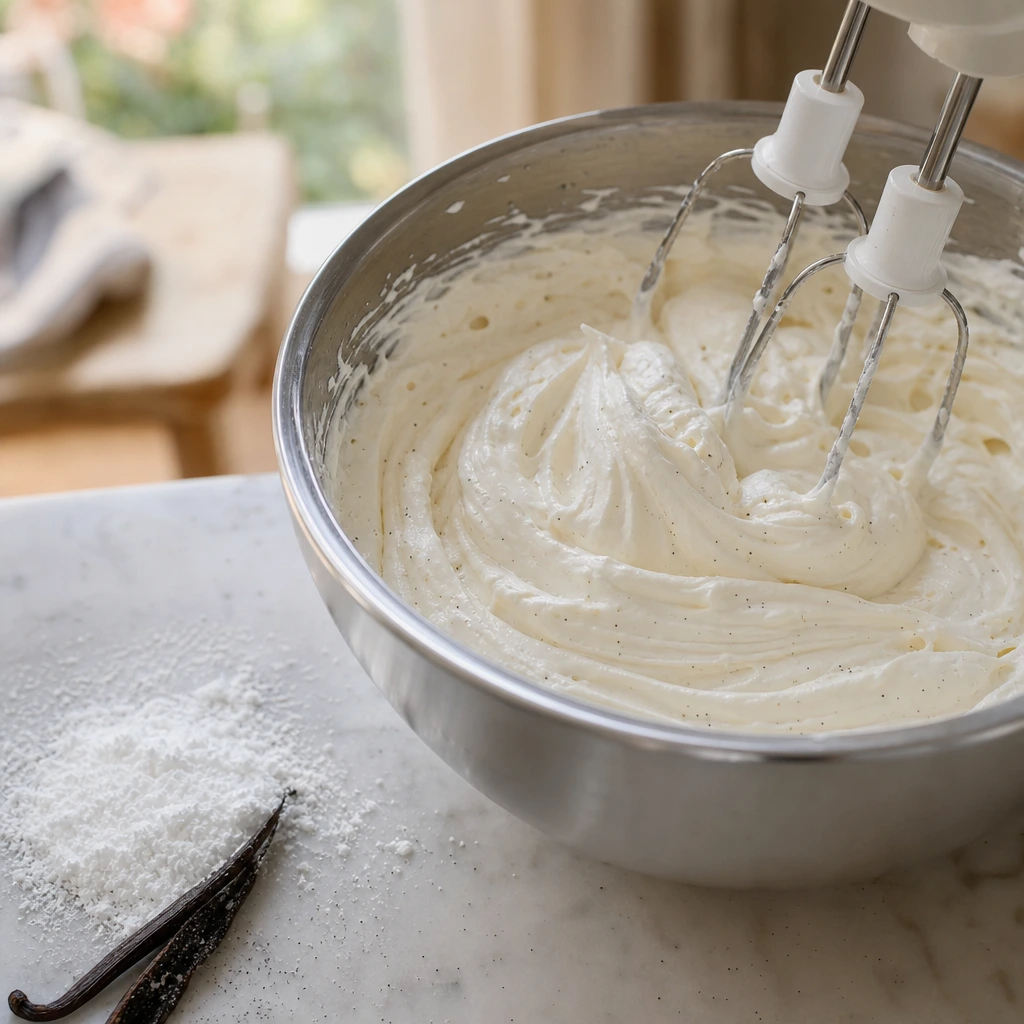 Crème chantilly mascarpone vanillée fouettée en pics fermes dans un bol en inox