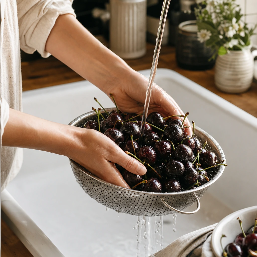 Lavage des cerises noires bigarreau sous l'eau froide dans une passoire