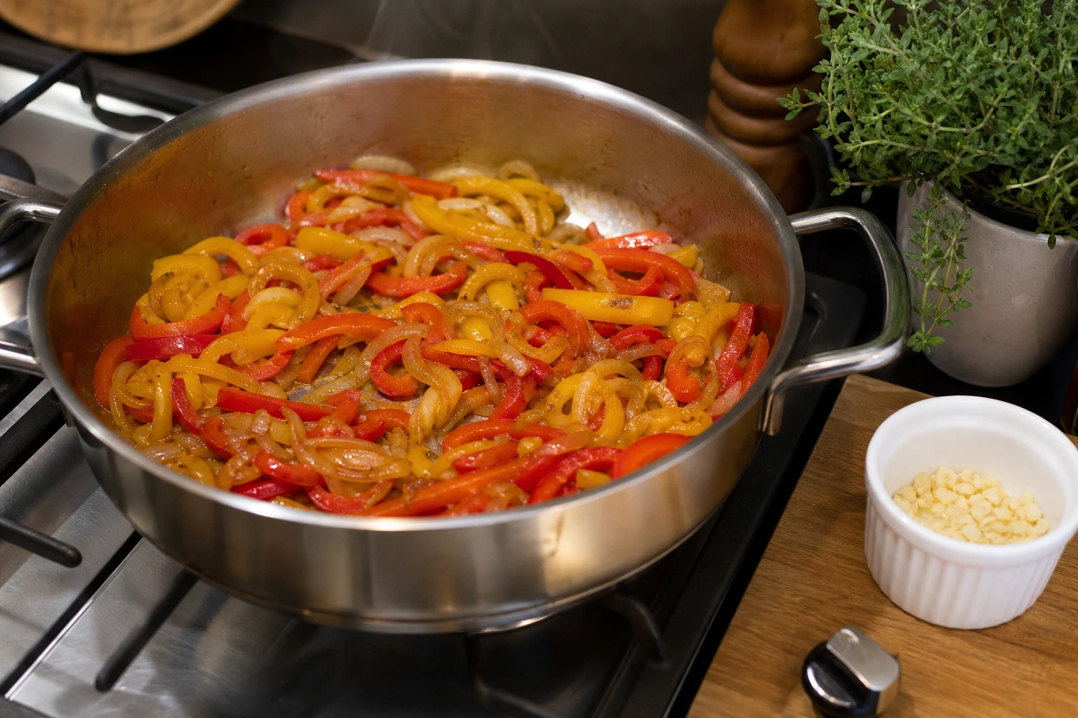 Poivrons rouges et jaunes saisis avec oignons émincés à la sauteuse