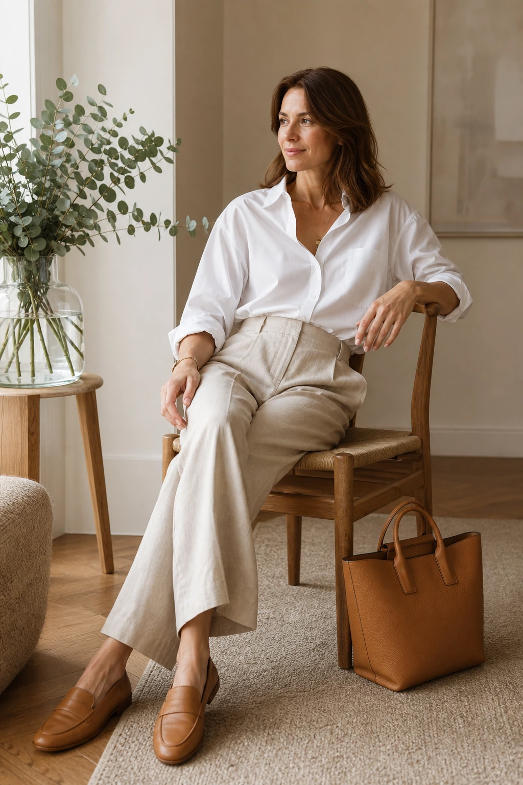 Tenue de bureau capsule : pantalon large en lin et chemise oversize blanche en popeline