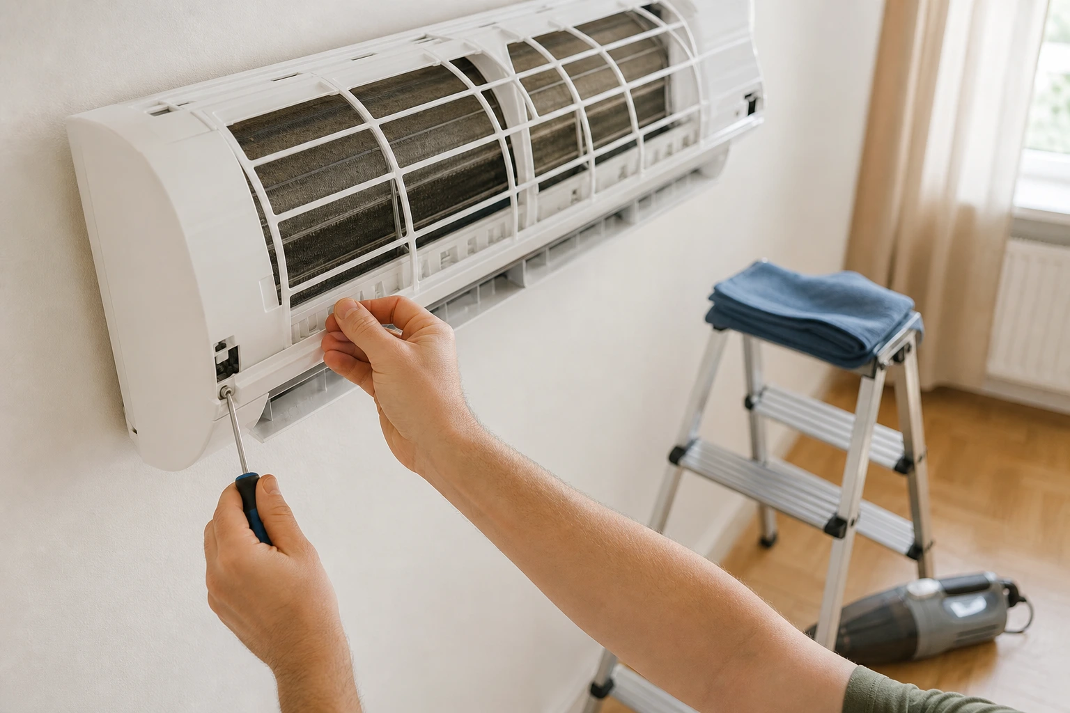Nettoyage du filtre encrassé d'un climatiseur split mural à la maison