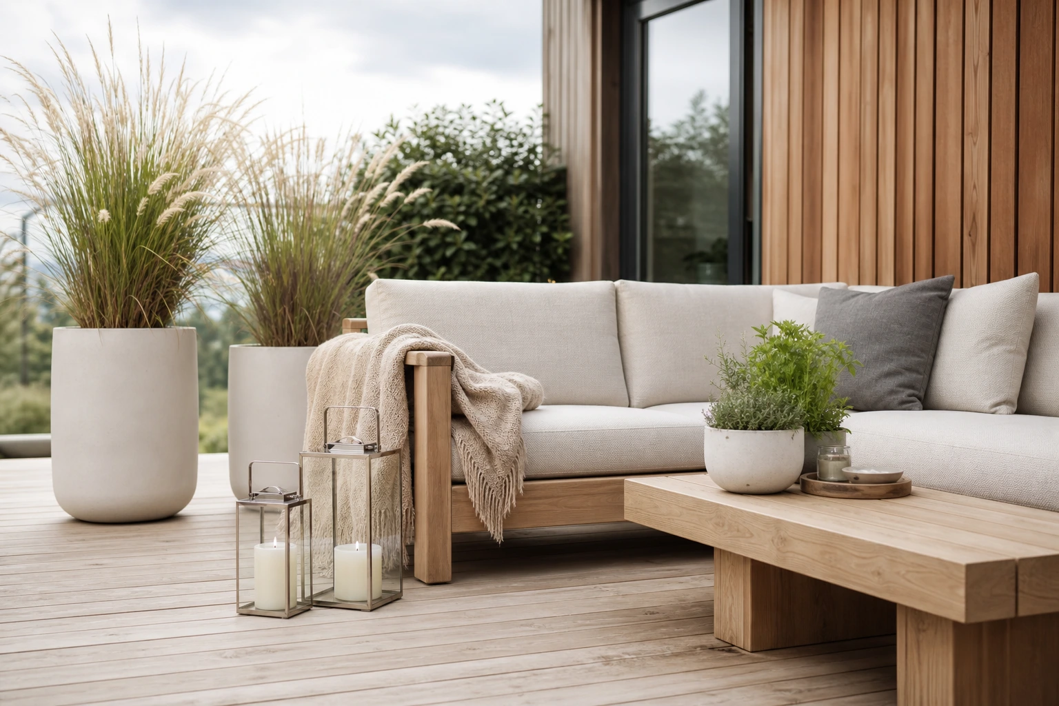 Terrasse scandinave épurée avec mobilier en bois clair, coussins écru et graminées en pots blancs