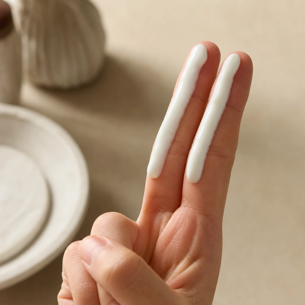 Démonstration de la dose de crème solaire visage : deux boudins de produit sur l'index et le majeur