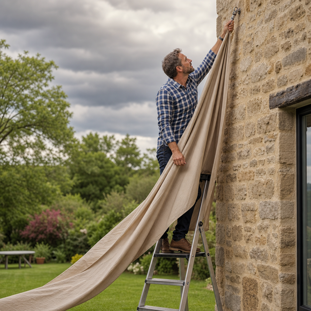 Homme décrochant un voile d'ombrage triangulaire beige avant l'arrivée d'une tempête