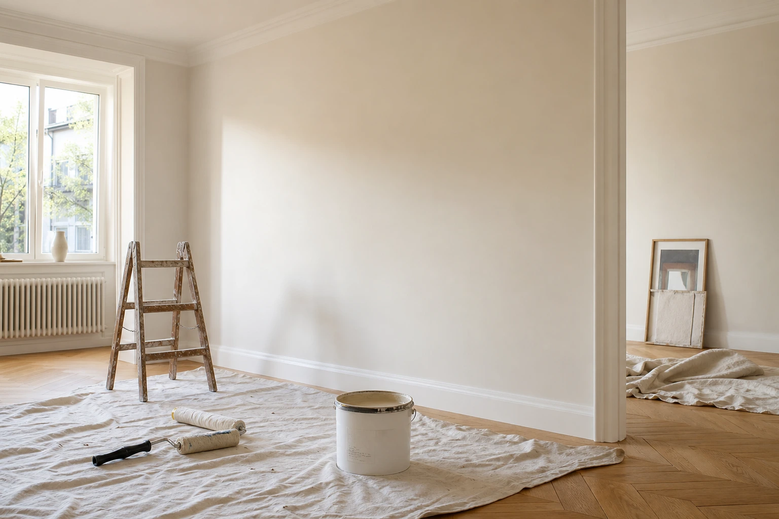 Mur et plafond peints dans la même teinte claire pour effacer les ruptures visuelles